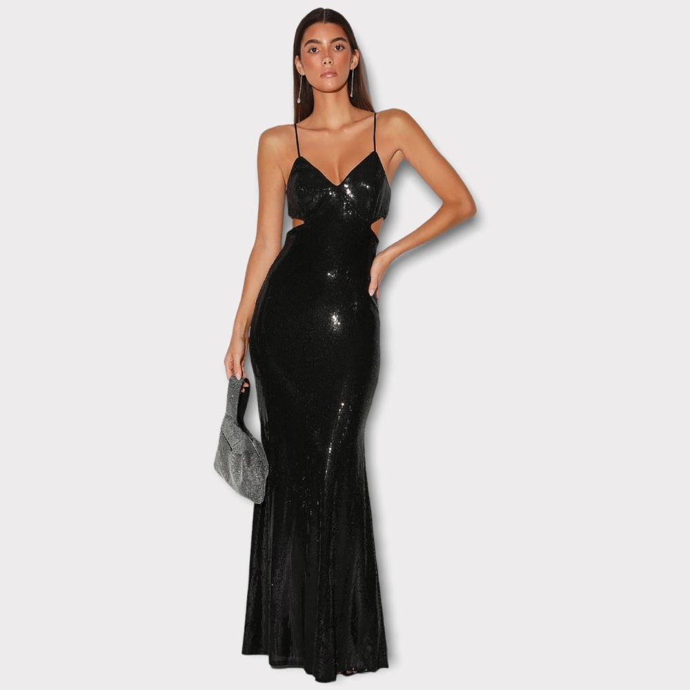 Lulu's Black Sequin Cutout Formal Maxi Dress size M
